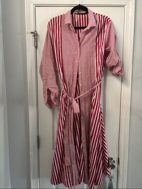 Zara Women’s Red Striped Button-Down Shirt Dress with Tie Waist